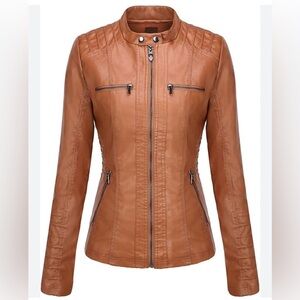 Springrain Camel Faux Leather Moto Jacket, Quilted Zip Pockets, Lined Medium